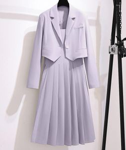 Arbetsklänningar 2023 Fall Two Piece Women Set Blazer Dress Suits Ol Straps A-line veckade kvinnliga koreanska överdimensionerade eleganta jackor