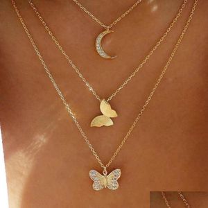 ペンダントネックレスファッションジュエリーMtilayerチェーンネックレスRhinstone Moon Butterfly Drop Delivery Pendants DHVQJ