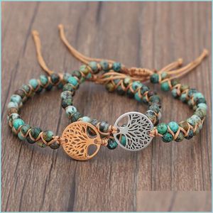 Beaded Natural Stone Tree Of Life Charm Strand Bracelet For Women Handmade Double Layer African Turquoise Beads String Braided Yoga Dha0O