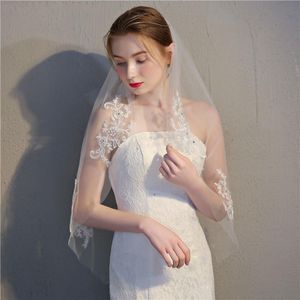Brudslöjor Jieruize Short Tulle Wedding Veil Beading midjelängd Lace Applices Accessories With Comb Voile Mariage