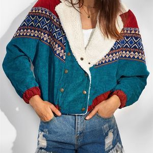 Women's Jackets Double Breasted Tribal Print Faux Shearling Collar Corduroy Jacket Ethnic Aztec Printed Coat Spring Autumn Clothe 230110