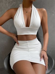Women's Knits Tees wsevypo Summer White 2 Pieces Skirts Set Suits Tie Up Halterneck Crop Tank Tops Ruched Wrapped Mini Skirt Party Clubwear 230110