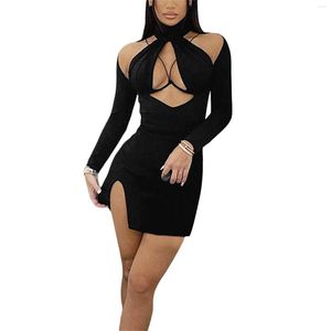 Casual Dresses Women's Bodycon Mini Dress Long Sleeve Mock Neck Hollow Out Split Hem Short