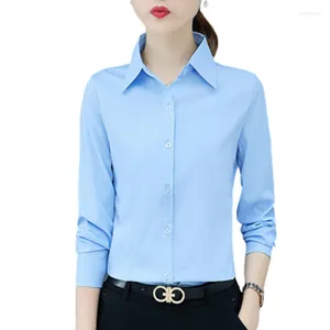 Kvinnors blusar vårvita svarta kontor skjorta mode koreansk smal långärmhet 2023 Autumn Ladies Casual Lapel Sky Blue Tops Streetwear