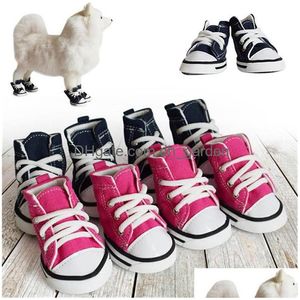 Dog Apparel 4Pcs/Set Pet Sports Canvas Jean Shoes Outdoor Fashion Dogs Blue Pink Denim Sneakers Puppy Cat Accessories Drop D Dhgarden Dh9Gy