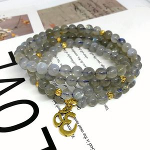 Colar de moda fita Não vidro 74cm feminino bracelete natural labradolite lun stone 6mm de malha redonda mala joias de ioga