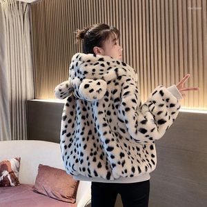 Women's Fur Women 2023 Winter Faux Rex Coats Female Leopard Print H Hooded Jackets Damer Warme Outwear Streetwear T750