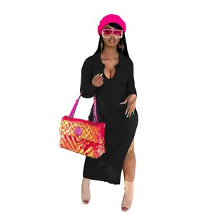 Outono inverno vestidos de manga longa feminino malha costela split bodycon vestido casual magro sólido preto midi vestido de festa itens a granel streetwear 8471