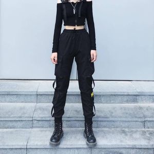 Women's Pants & Capris Spring Women BLACK Army Cargo Unisex Hip Hop Sashes Trousers BF Harajuku Joggers High Waist Overalls Loose Casual