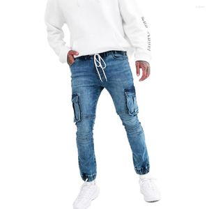 Jeans masculinos Cargo Multi-bolso Slim Fit Cotton Elastic Joggers Fashion High Street Lace Up Lavado Lápis Men Old Size 29-36
