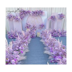 Ghirlande di fiori decorativi Viola Disposizione dei fiori artificiali Passerella di nozze Strada Piombo Tavolo Sfondo Layout Festa Muro Goccia De Dh918