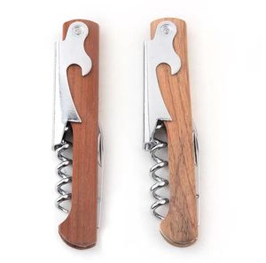 Stainless Steel Hand-Held Deluxe Bottle Openers Wood Handle Wine Opener Corkscrew Double Hinged Waiters Wine Bottle Opener