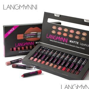 Lipstick Langmanni 12 -częściowy zestaw Veet Rich and Matte z gładkim czystym końcowym kredką Longlasting Cosmetics Beauty Maquiagem Drop de dhtwj