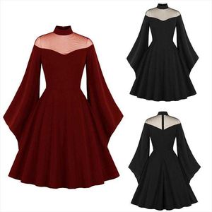 Halloween Black Queen Mesh Casual Dresses Flared Sleeves Patchwork Retro Dress