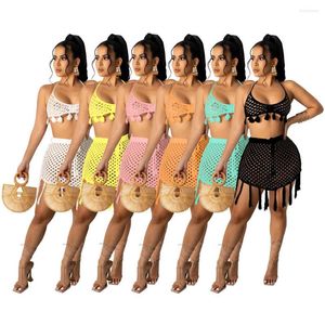 Women's Swimwear Sexy Bra Tassel Crochet Bikini Sets Summer 2 Pieces Knitted Beach Wear Halter Crop Top Drawstring Mini Skirts Women