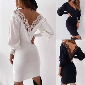 Autumn Lazada Dress Sexy Backless Hollow Out Lace V Neck Waist