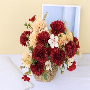 Decorative Flowers 5 Head Ball Chrysanthemum Silk Artificial Flower Red Wedding Home Fake Bouquet Living Room Decoration