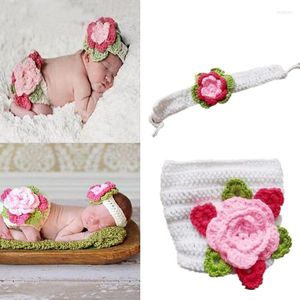 Hattar födda 2st/set POGRAPHY PROPS virkning stickade baby flickor blommor huvudband blommig dräkt för spädbarnskläder