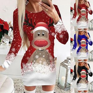 Casual Kleider Herbst Winter Frauen Bodycon Kleid Weihnachten Santa Claus Gedruckt Lange ärmeln O Neck Sexy Mini Weihnachten Party