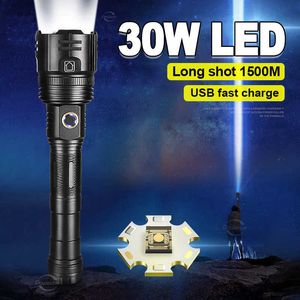 Taschenlampen, 30 W, Hochleistungs-LED-Taschenlampen, superhell, XHP360, wiederaufladbar, Taschenlampe, leistungsstarke Arbeitslampe, Zoom 1500 m, 0109