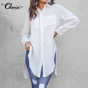 Damenblusen, Hemden, Celmia, Damen, weiß, Sommer, Revers, asymmetrisch, geteilt, lange Tunika, Tops, lässig, übergroß, elegant, Büro, Blusas 230111