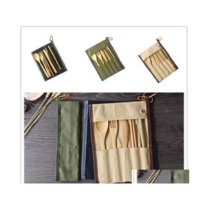 Akşam yemeği setleri 7pcs/set taşınabilir çatal bıçak takımı ile çanta açık seyahat bambu sofra takımı bıçak çubukları çatal kaşık mutfak sofra takımı dhpjz