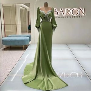 Stunning Mermaid Beaded Prom Dresses Sheer Sweetheart Neckline Evening Gowns Long Sleeves Appliqued Sweep Train Satin Overskirt Formal Dress 2023