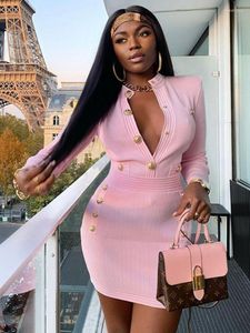 Casual Dresses Fashion Slim Metal Button Women Bandage Dress Pink Black Long Sleeve Knitting Celebrity Nightclub Bodycon Stage Costume