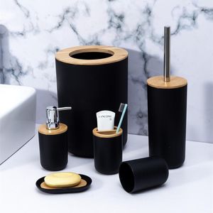 Bath Accessory Set Bamboo Bathroom Accessories 6pcs Shower Soap Dispenser Toothpaste Toothbrush Holder Toilet Brush Trash Can Kit