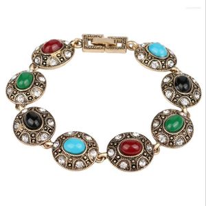 Link Bracelets FYJS Unique Light Yellow Gold Color Alloy Chain Oval Shape Colorful Resin Bracelet With Rhinestone Fashion Jewelry