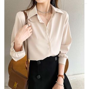 Damenblusen 3XL 4XL Frühlings-Chiffon-Frauen-Hemdbluse mit vollen Ärmeln, Umlegekragen, elegante Damenoberteile, Knöpfe, Kleidung, Weiß/Beige