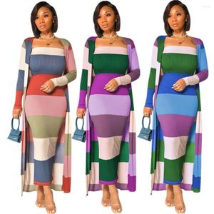 Work Dresses Multi Color Knitted Sexy 2 Pieces Set Women Winter Striped Club Outfit Cardigan Long Coats Top Dress Elegant Tracksuit