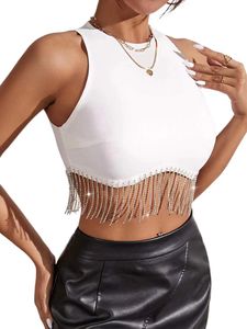 Kvinntankar Tassel Rhinestone Fringe Zip Back Sleeveless Sexig Camis Slim Round Neck Falled Crop Tank Tops