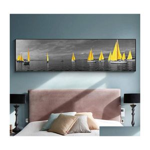 Paintings Sea Yellow Boat Bridge Tower Posters And Prints Landscape Pictures For Home Canvas Painting Wall Art Living Room Decoratio Dh9Gc