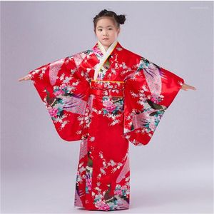 Etniska kläder 2023 Traditionell Kimono Girl Japanese Dress Silk National Print Cherry Red Blossoms Costume For Girls Japan