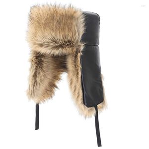 Berets ciepłe ushanka rosyjskie kapelusz męskie zimowe sztuczne futro z ucha płaskie wiatroodporne termiczne zimne narciarstwo polowanie czarny brązowy 58 cm