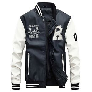 Herrjackor märke broderi baseball jackor män står moto cyklist läderjacka män avslappnad fleece tjockare faux läderrock m-4xl 230111