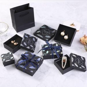 Jewelry Pouches 12pcs Organizer Box For Earrings Necklace Bracelet Display Gift Holder Packaging Black Cardboard Boxes Feather Print