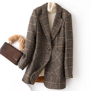Abiti da donna Blazer Autunno Inverno Vintage Plaid Suit Giacca di lana da donna Slim Casual Blazer di lana Cappotto monopetto oversize 230111