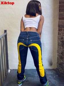 Women's Jeans Xiktop Cotton Cargo Pants for Women Yellow Strip Print Streetwear Straight Sexy Low Waist Contrast Color Long Trousers 230110