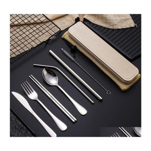 Flatware Sets Stainless Steel Set Portable Cutlery For Outdoor Travel Picnic Dinnerware Metal St With Box And Bag Kitchen Drop Deliv Dhxte