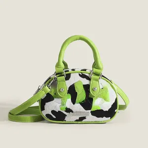 Borse piccole rotonde in pelle con cuciture in velluto dolce alla moda Messenger borsa da bowling a colori a contrasto versatile