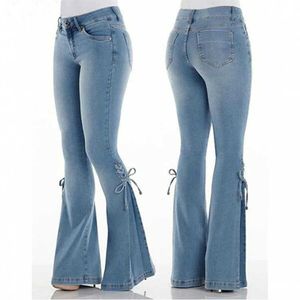 Taglie più xs-4xl Women jeans a metà vita allaccia su jeans designer stretch jeans ladies pantaloni svasati 3 col 896