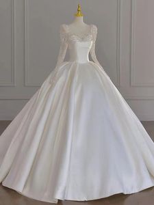 2023 Satin a line Wedding Dress long sleeves lace crystal Bride Dresses Bridal Gowns Plus Size Vestido De Noiva Arabic Mulslim Luxury bride dresses