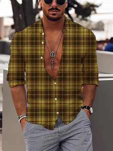 Men's Casual Shirts Fashion Men Oversized Shirt Ethnic Yellow Plaid Print Long Sleeve Tops Men's Clothes Daily Cardigan Blouses