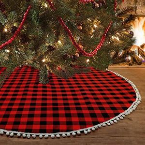 Juldekorationer dekorativa produkter Pompoll Border Plaid Tree kjol Förkläde 122 cm röd och svart semesteratmosfär