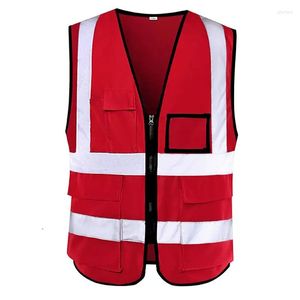 Men's Vests Reflective Safety Vest Red High Visibility With Zipper Multi Pockets Work For Men