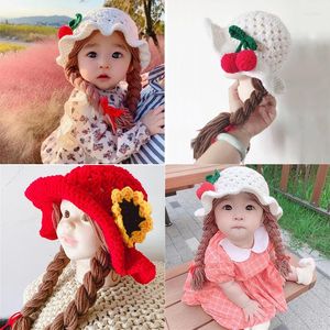 Hats Handmade Knitted Baby Girl Wig Hat Infant Wigs Kid Cute Crochet Caps With Plaits Warm Braid Ear Protection Headwear