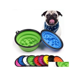 Dog Bowls matare Collapsible Pet Cat Feeding Bowl Slow Food Water Dish Feeder Sile Foldbar choke f￶r utomhusresor 9 f￤rger till DHPLK