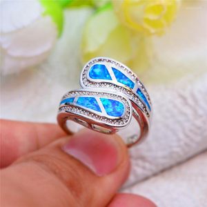 Bröllopsringar boho kvinnlig vit blå eld opal ring unikt silver färg band löfte kärleksengagemang för kvinnor